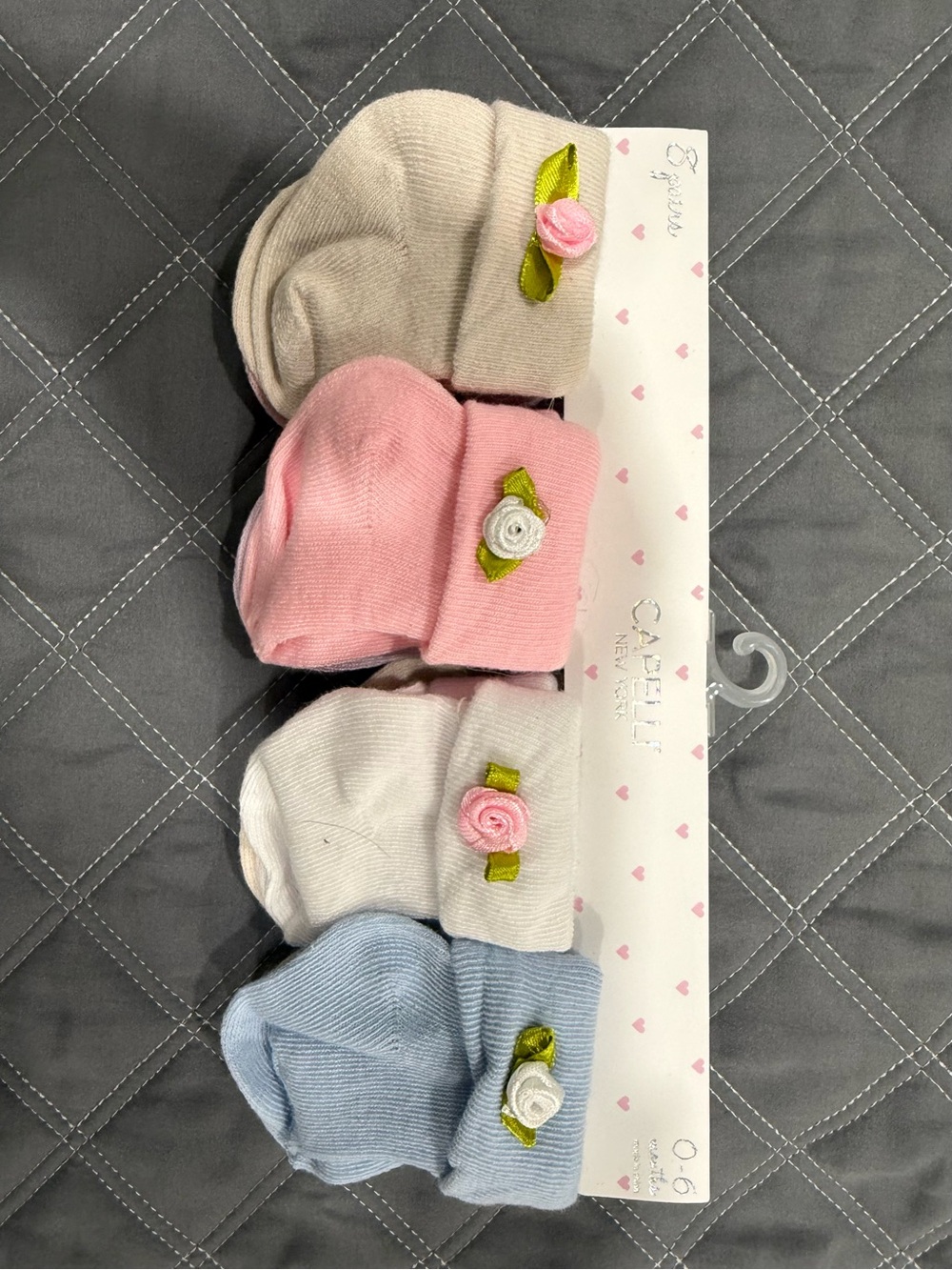 Capelli of New York Baby Floral Cuff Socks - Pink, Blue, Cream, White (4-Pack)